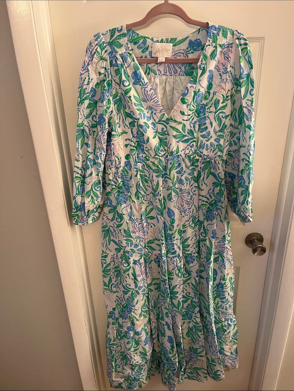 Lilly Pulitzer Blue and Green Floral V-Neck Maxi Dress